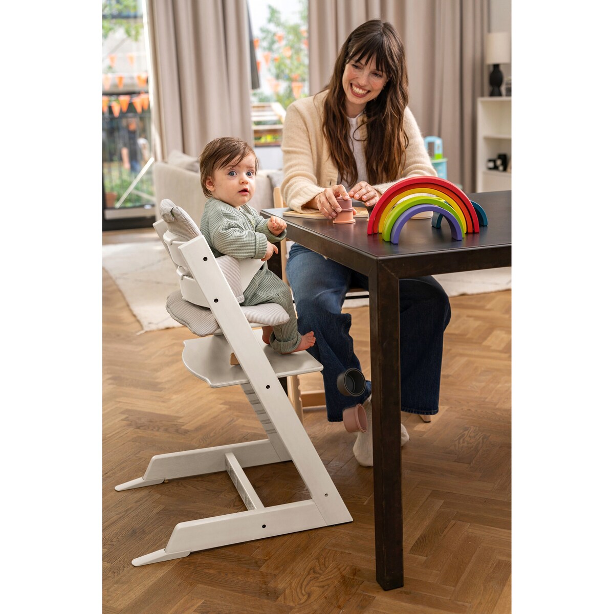 Tripp Trapp barnestol med sitepute Nordic Grey og babysett - Stokke