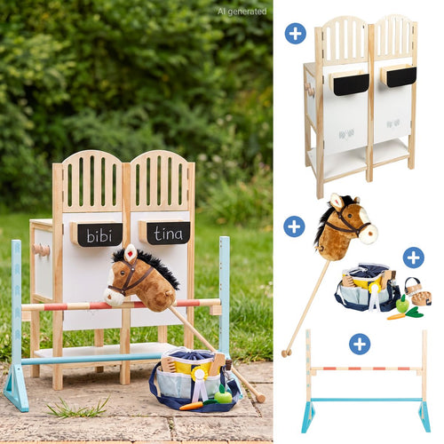 10-delt hobby horsing-sett med kjepphest, stall og hinder small foot forfra