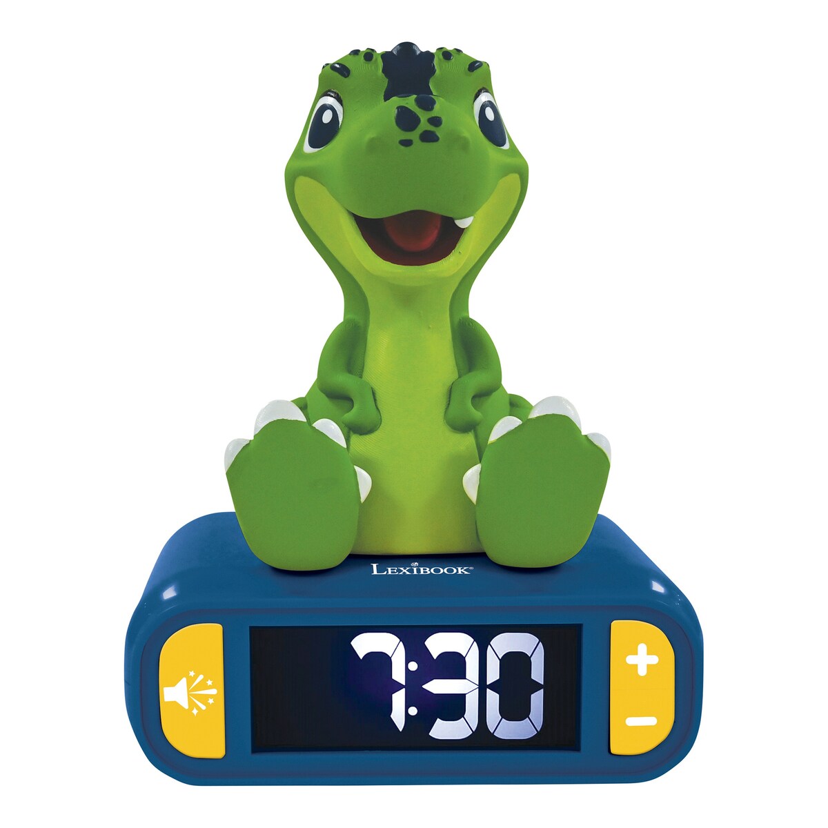 2-i-1 vekkerklokke og nattlys Dino med LCD forfra