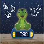 Montert 2-i-1 vekkerklokke og nattlys Dino med LCD på nattbord