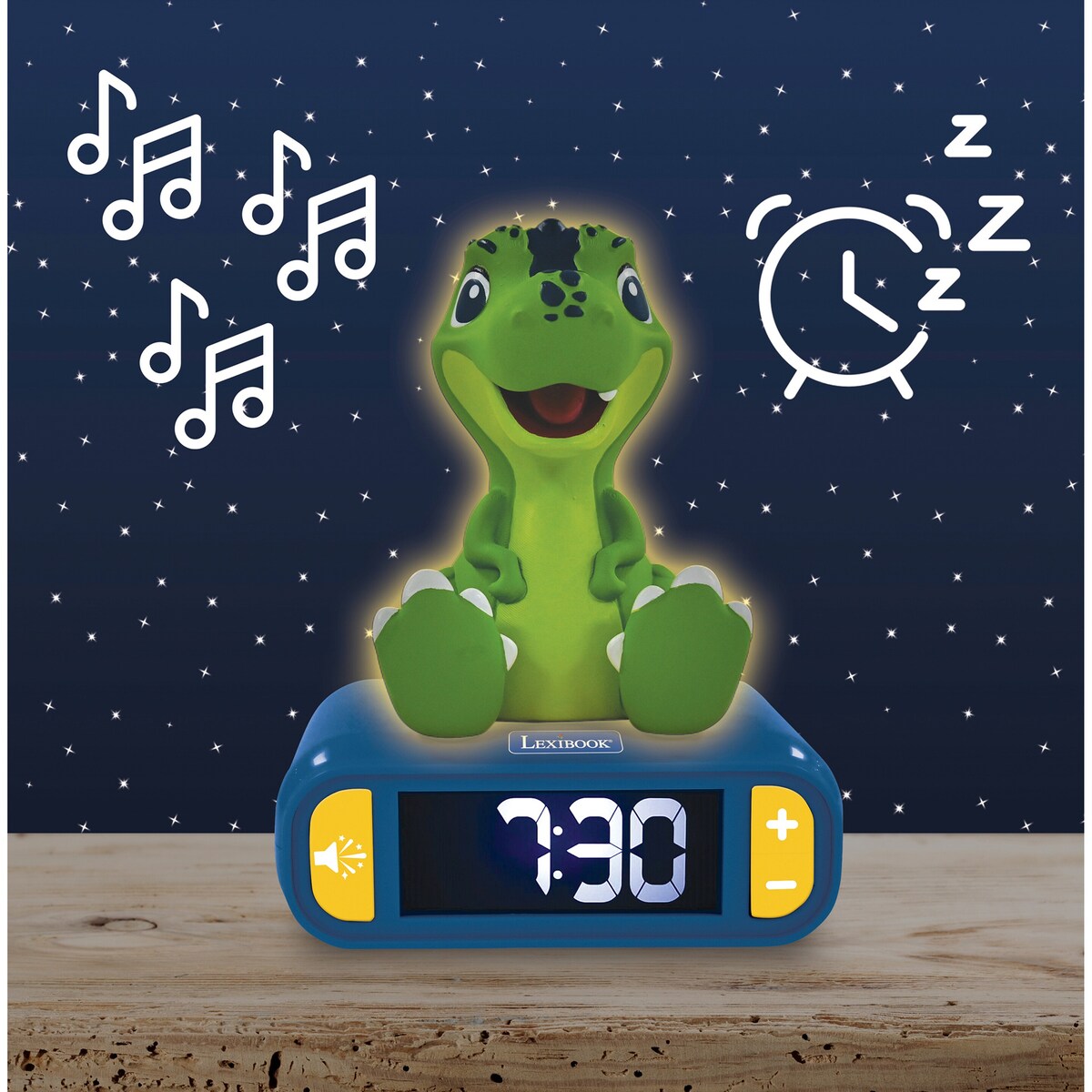 Montert 2-i-1 vekkerklokke og nattlys Dino med LCD på nattbord