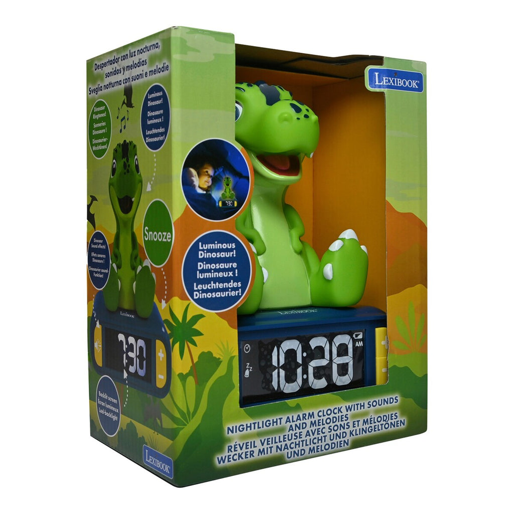 Nærbilde av LED-nattlys på 2-i-1 vekkerklokke og nattlys Dino med LCD