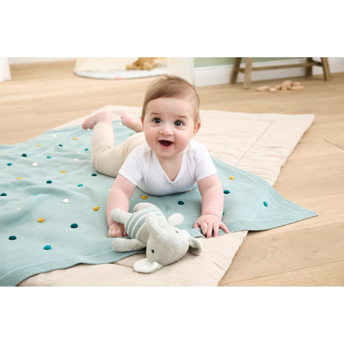 Babyteppe strikk med gritering elefant 80x100 cm bomull - BORNINO HOME