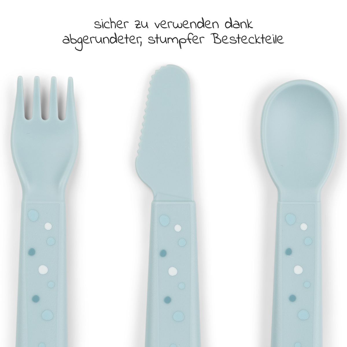 Detalj av 3-delt bestikksett Foodie Happy Dots i blått