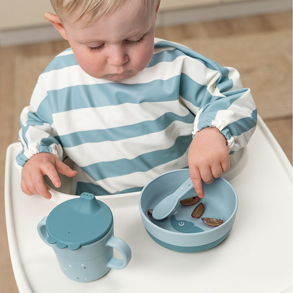 3-delt bestikksett Foodie Happy Dots i blått med spiseforklaring