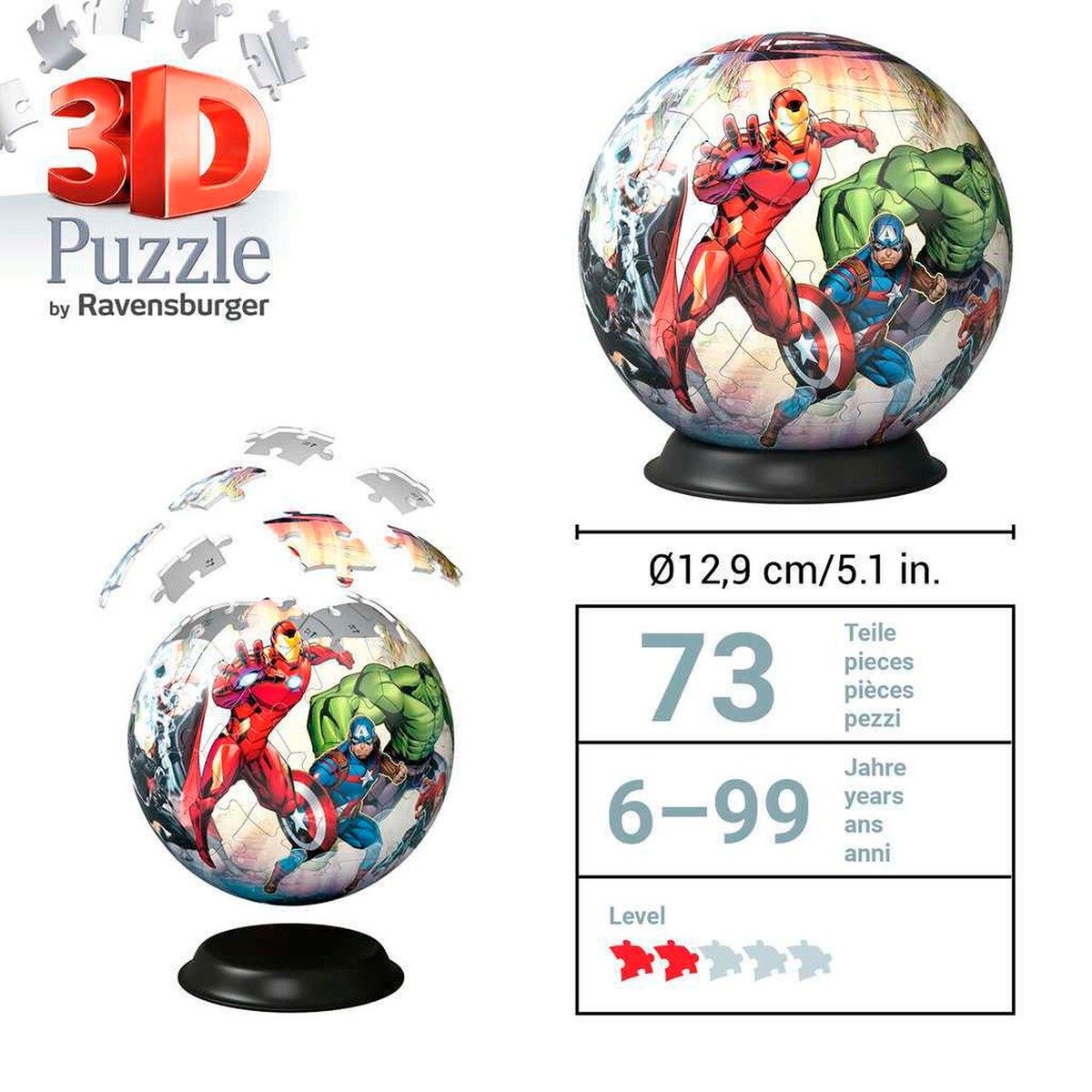 Nærbilde av nummererte biter på 3D-pusleball Marvel Avengers
