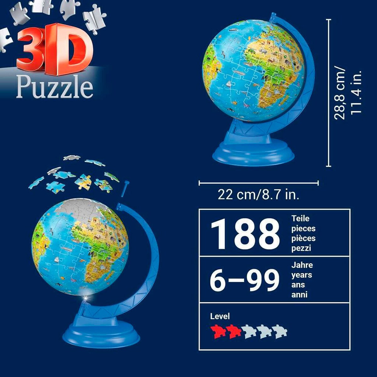 Nærbilde av puslespillbiter til 3D-puslespill globus med LED-lys