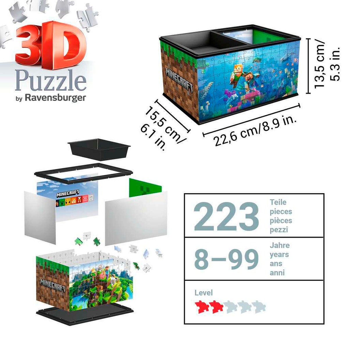 Nærbilde av puslespillbiter i 3D-puslespill oppbevaringsboks Minecraft 216 brikker