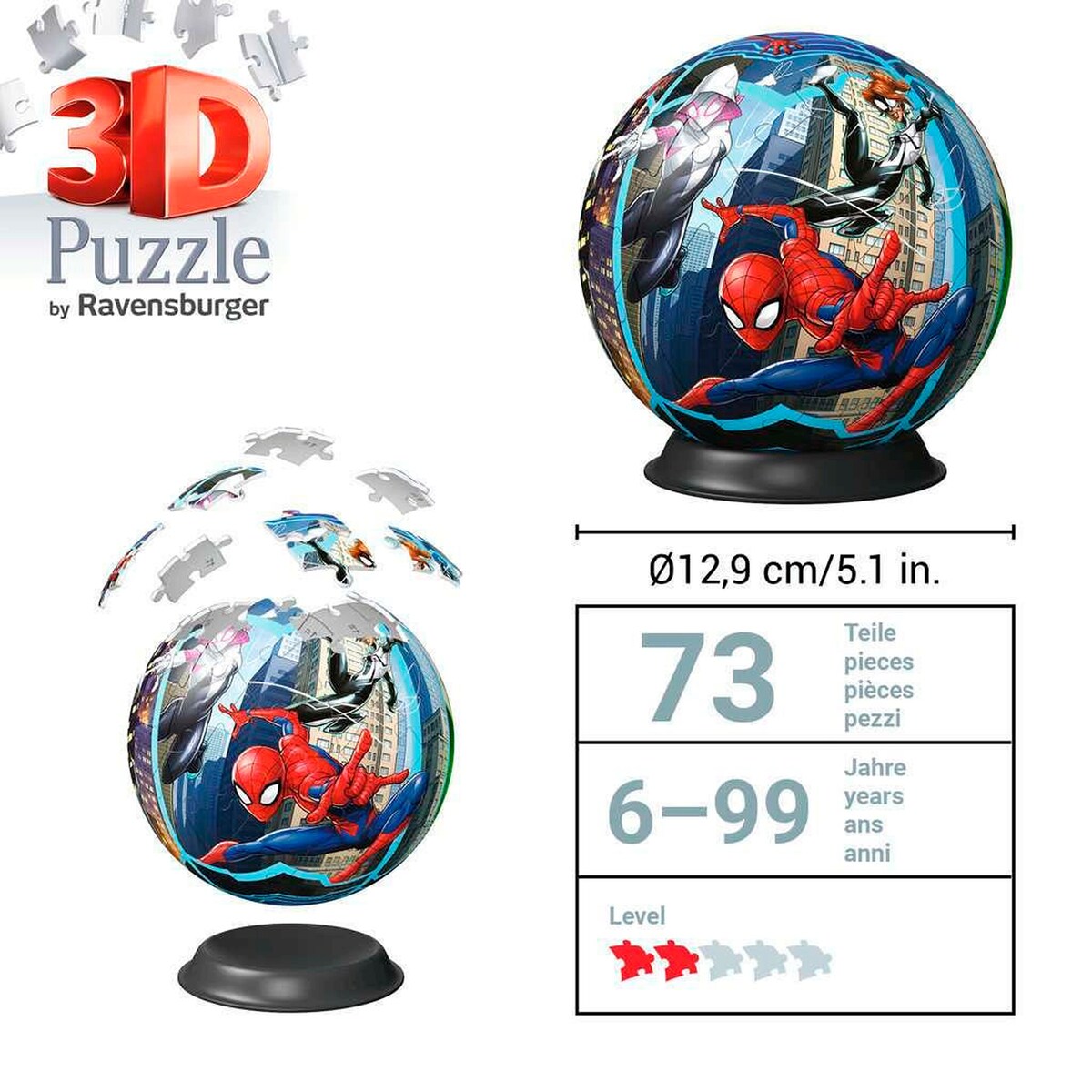 Nærbilde av pusselbrikker 3D-puslespillball Spiderman 72 brikker