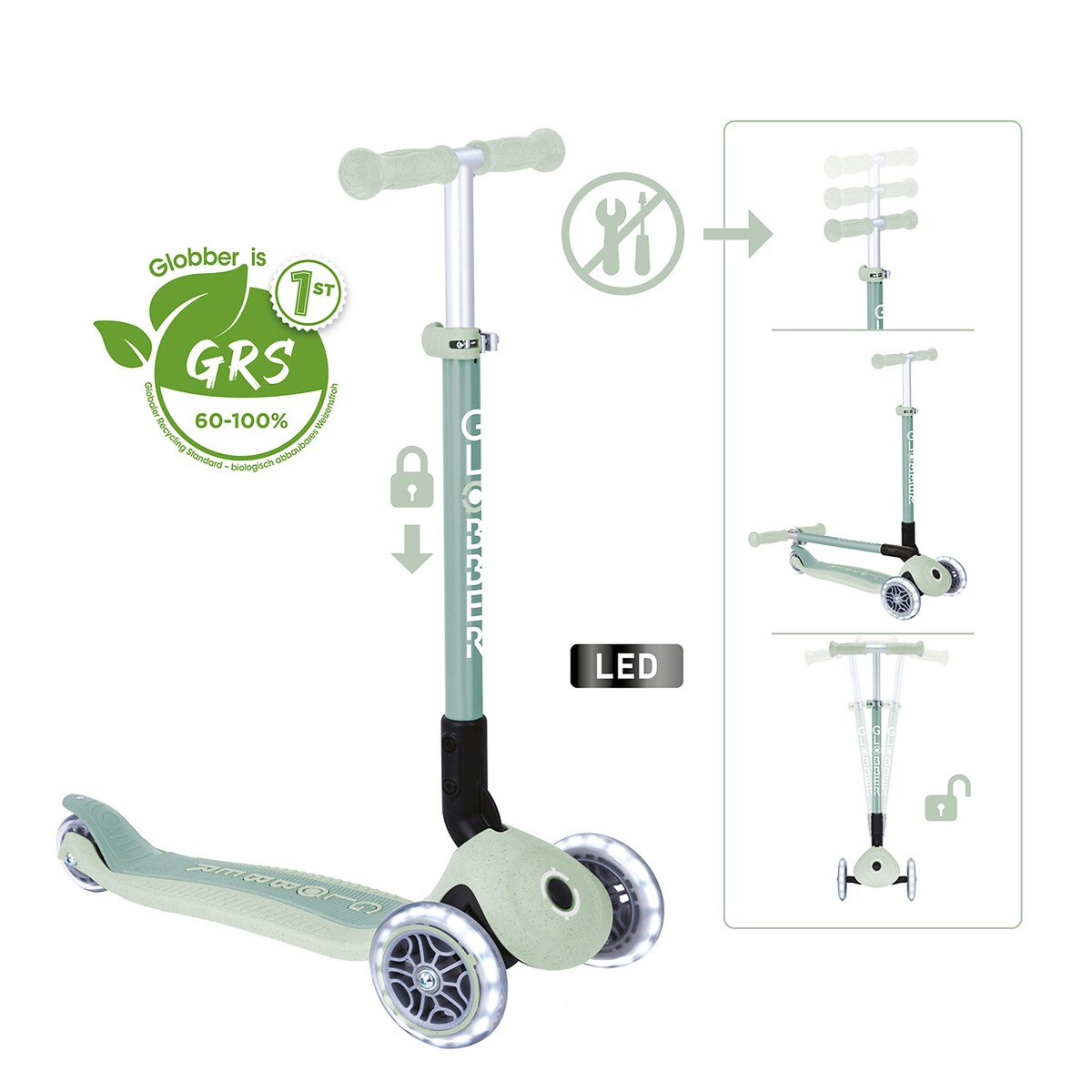 Sparkesykkel PRIMO Foldable Lights ECO fra 3 år - Globber