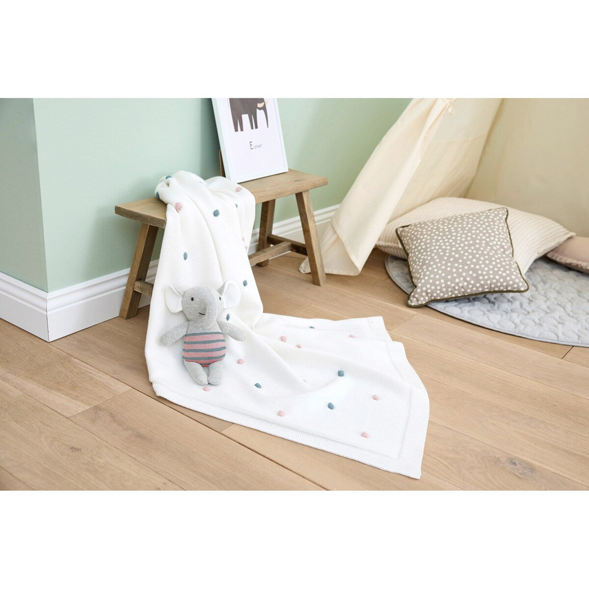 Babyteppe strikk med gritering elefant 80x100 cm bomull - BORNINO HOME