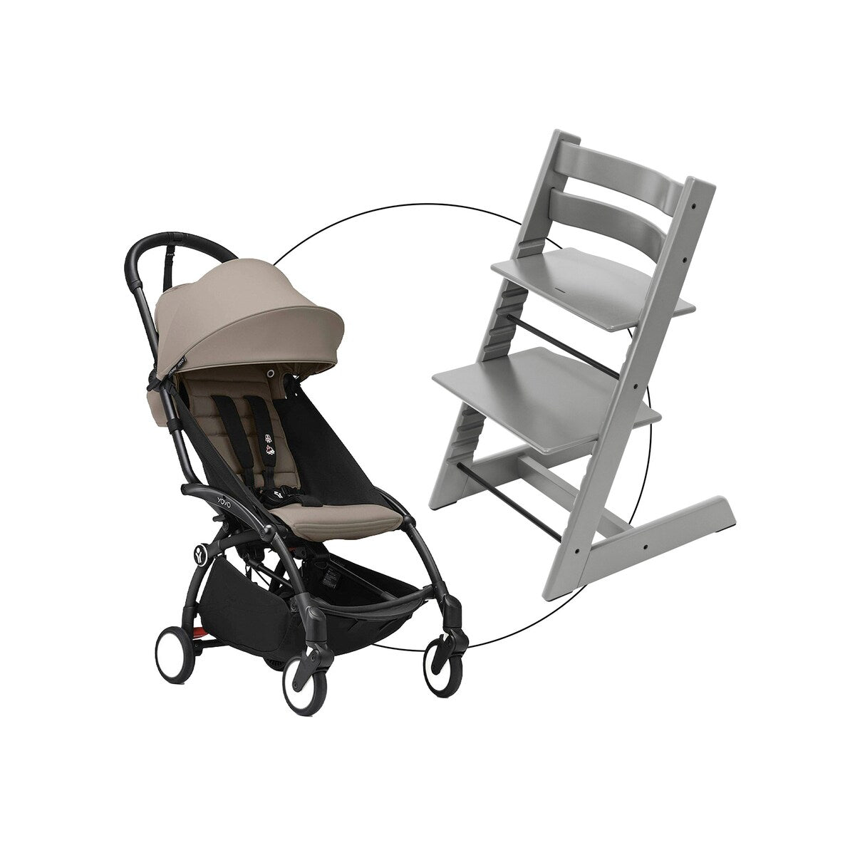 Pakke Tripp Trapp barnestol inkl. YOYO3 stell svart & tekstilsett 6+ taupe - Stokke