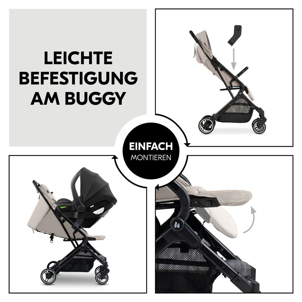 Nærbilde av festemekanisme på adapter for babystol til Travel N Care, svart