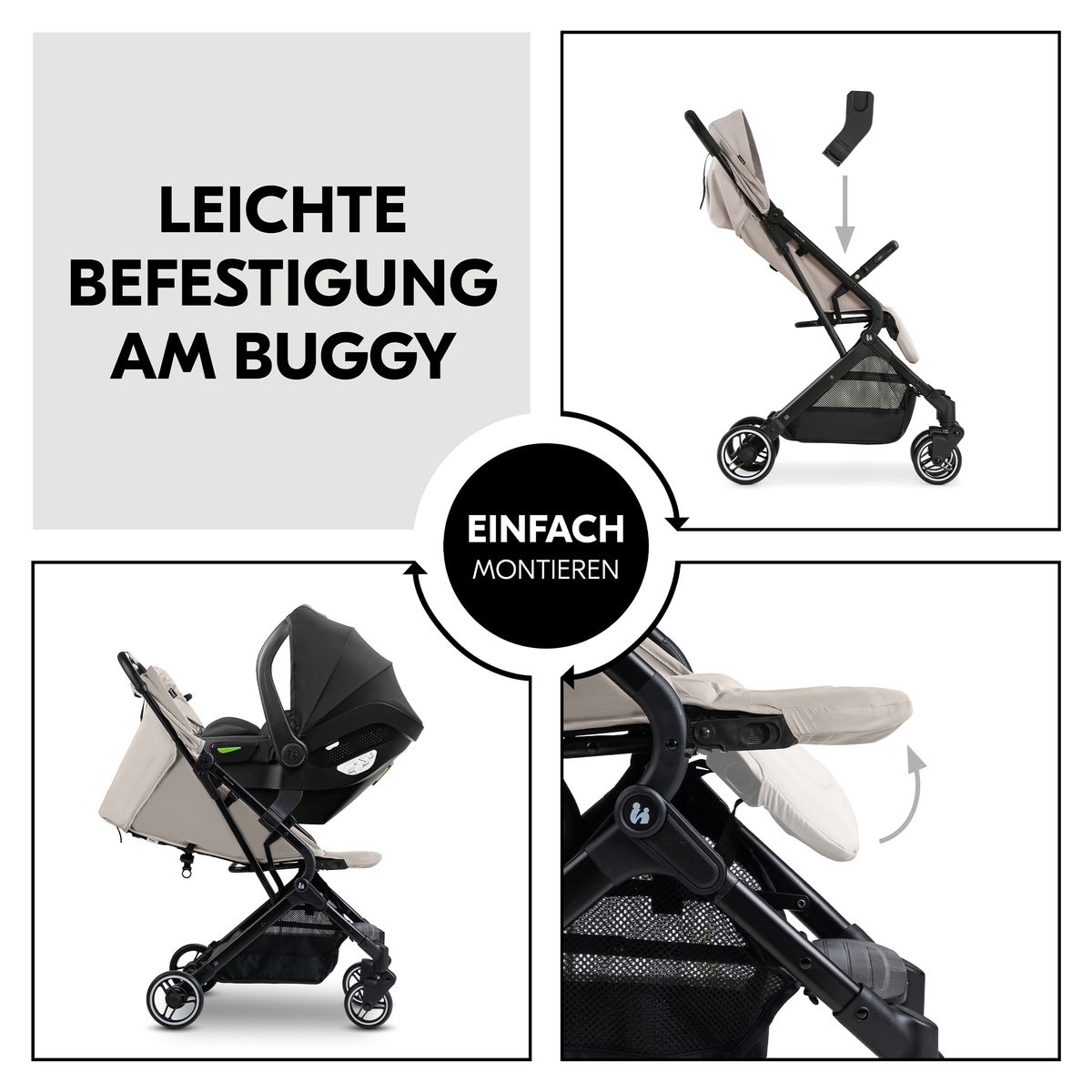 Nærbilde av festemekanisme på adapter for babystol til Travel N Care, svart