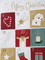 Detalj av julemotiver på Adventskalender i bomull med 24 lommer 90x40 cm