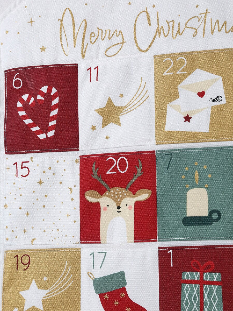 Detalj av julemotiver på Adventskalender i bomull med 24 lommer 90x40 cm