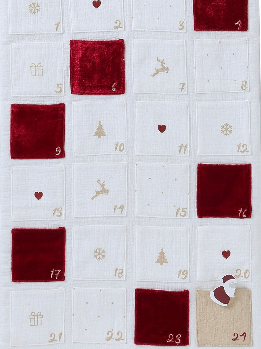 Baksiden av adventskalender i bomullsmusselin med 24 lommer