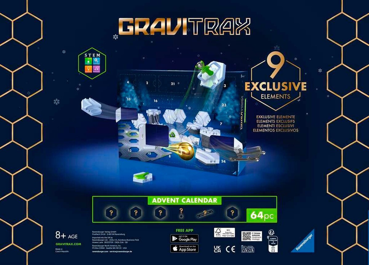 Baksiden av Adventskalender GraviTrax Slopes kulebane med oversikt over innhold