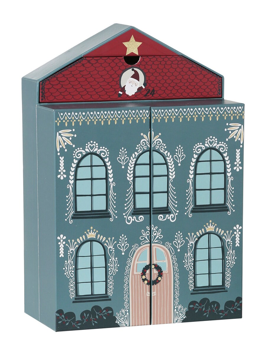 Adventskalender-hus i papp med 24 rom forran