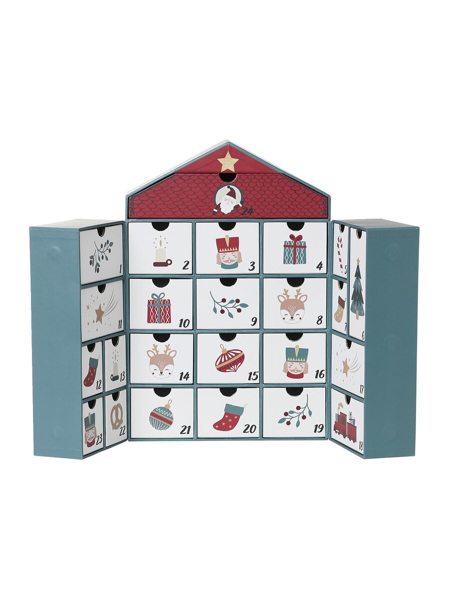 Adventskalender-hus i papp med 24 rom bakside