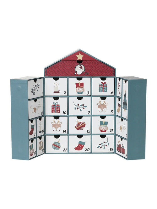 Adventskalender-hus i papp med 24 rom bakside