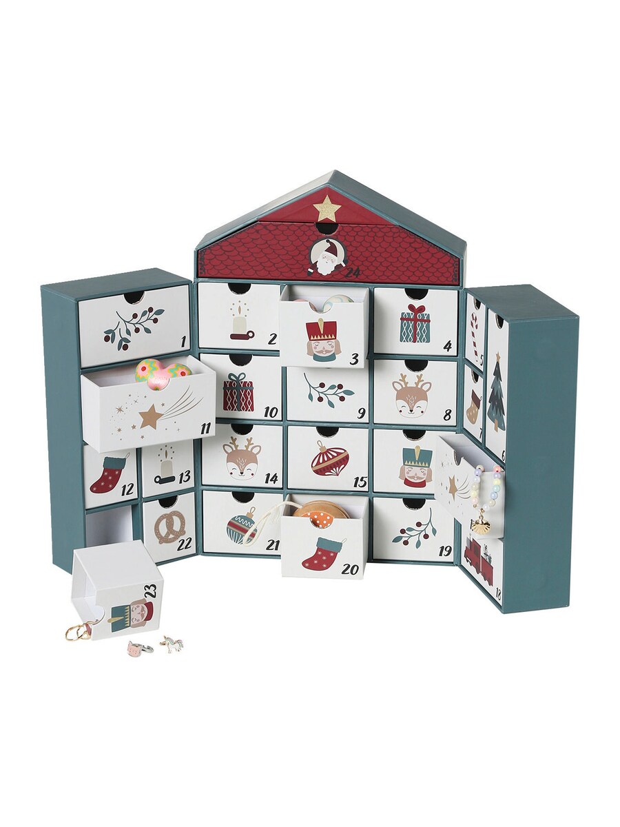 Detalj av Adventskalender-hus i papp med 24 rom
