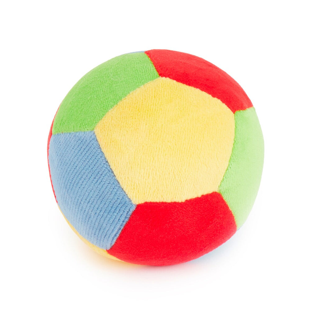 Aktivitetsball i plysj med rangle fra 6 mnd, 11 cm forfra