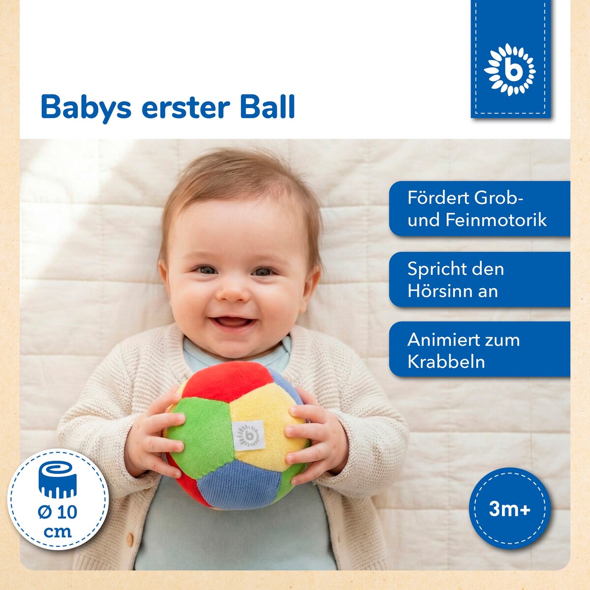 Aktivitetsball i plysj med rangle fra 6 mnd, 11 cm bakside