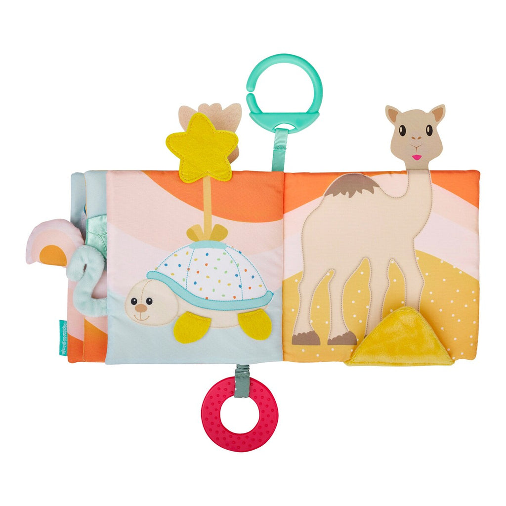 Montert aktivitetsbok med biteleke og knitredetaljer fra 3 mnd Sophie la girafe i barnevogn