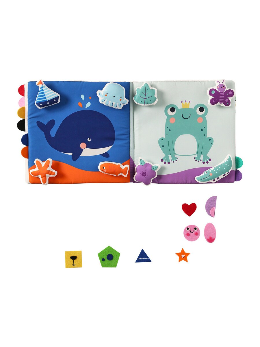 Aktivitetsbok i stoff med farger og former 24 x 24 cm montert med åpne sider