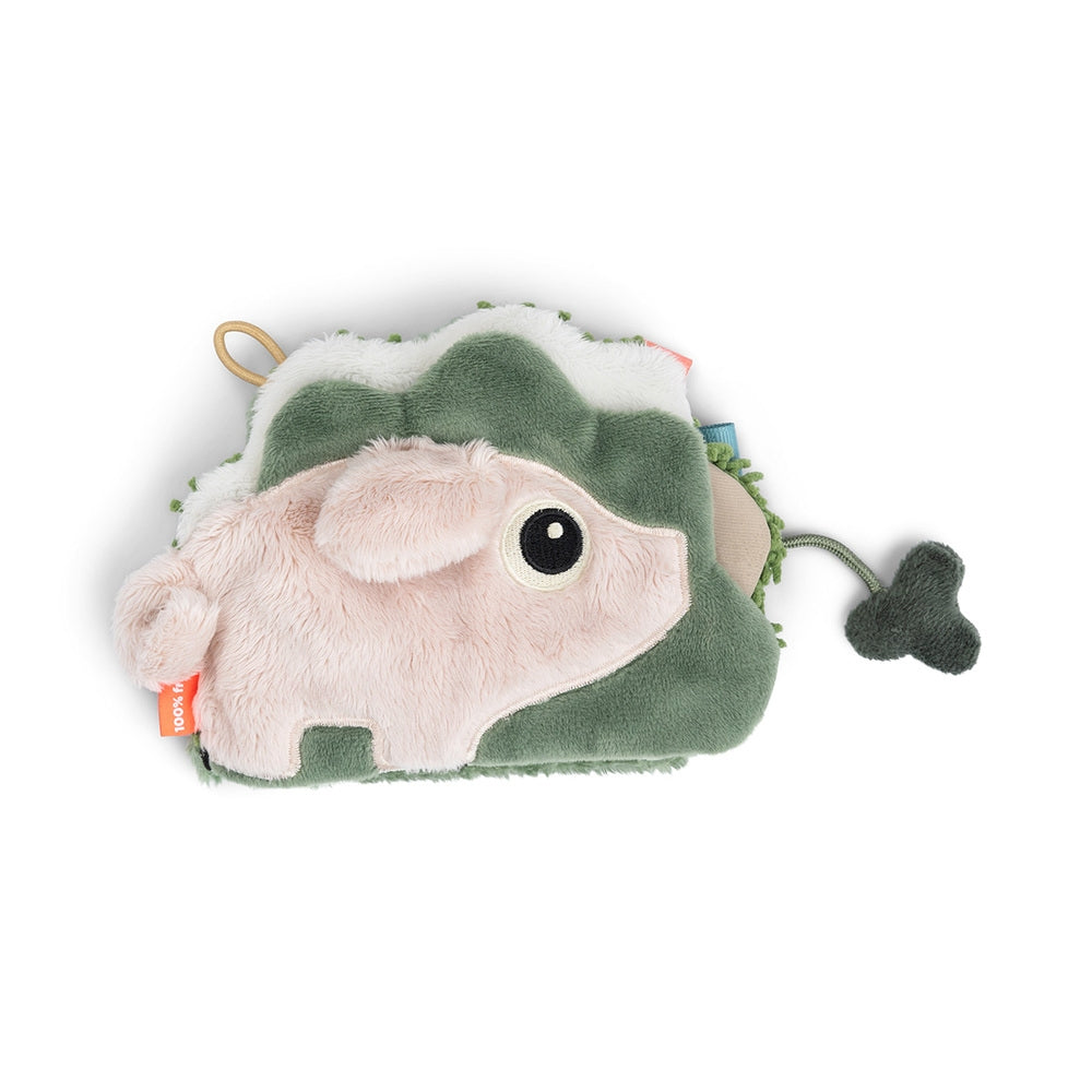 Aktivitetsbok for baby Tiny Farm sensorisk bakside