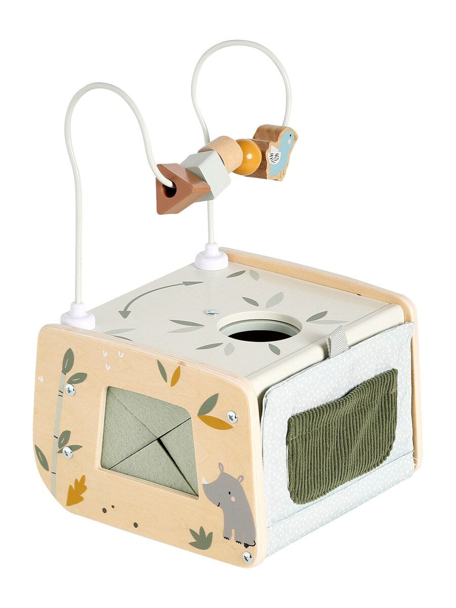 Aktivitetsboks i tre for baby FSC® 18x13x19 cm detalj av former