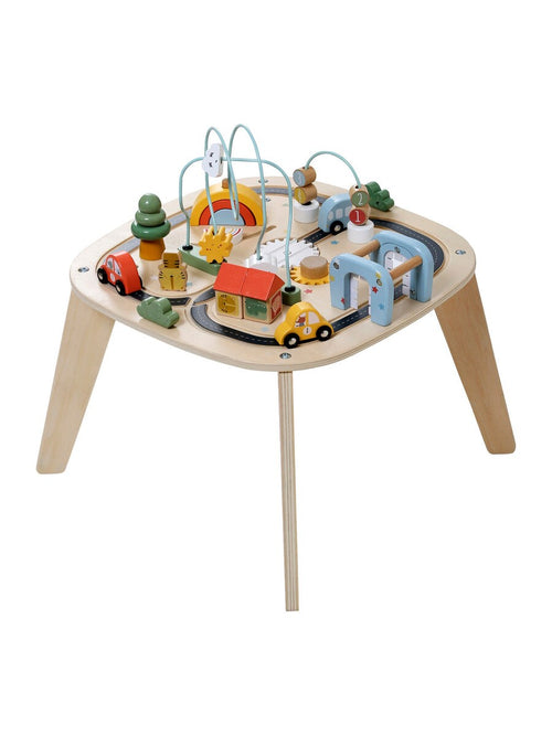 Bakside av aktivitetsbord for baby med biler i tre FSC®
