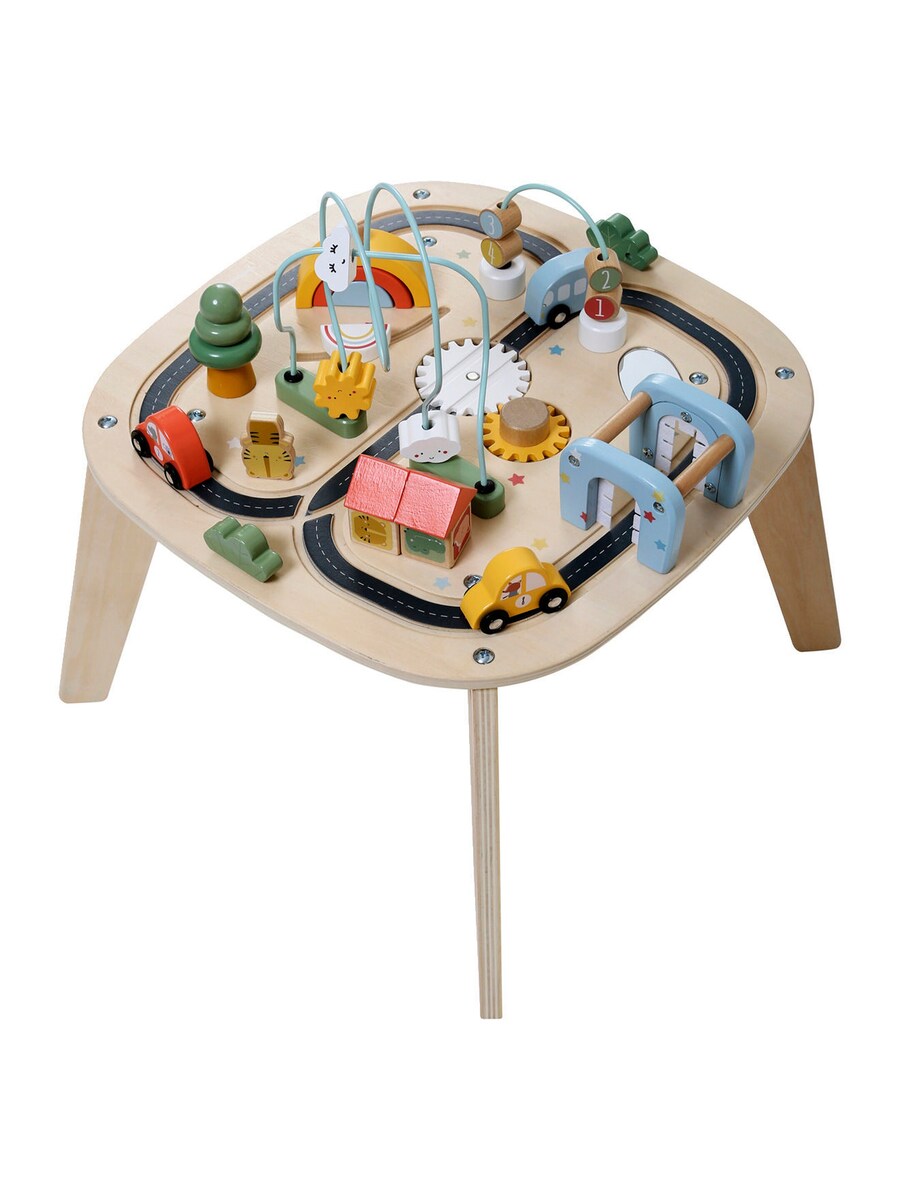 Detalj av bilbane på aktivitetsbord for baby med biler i tre FSC®