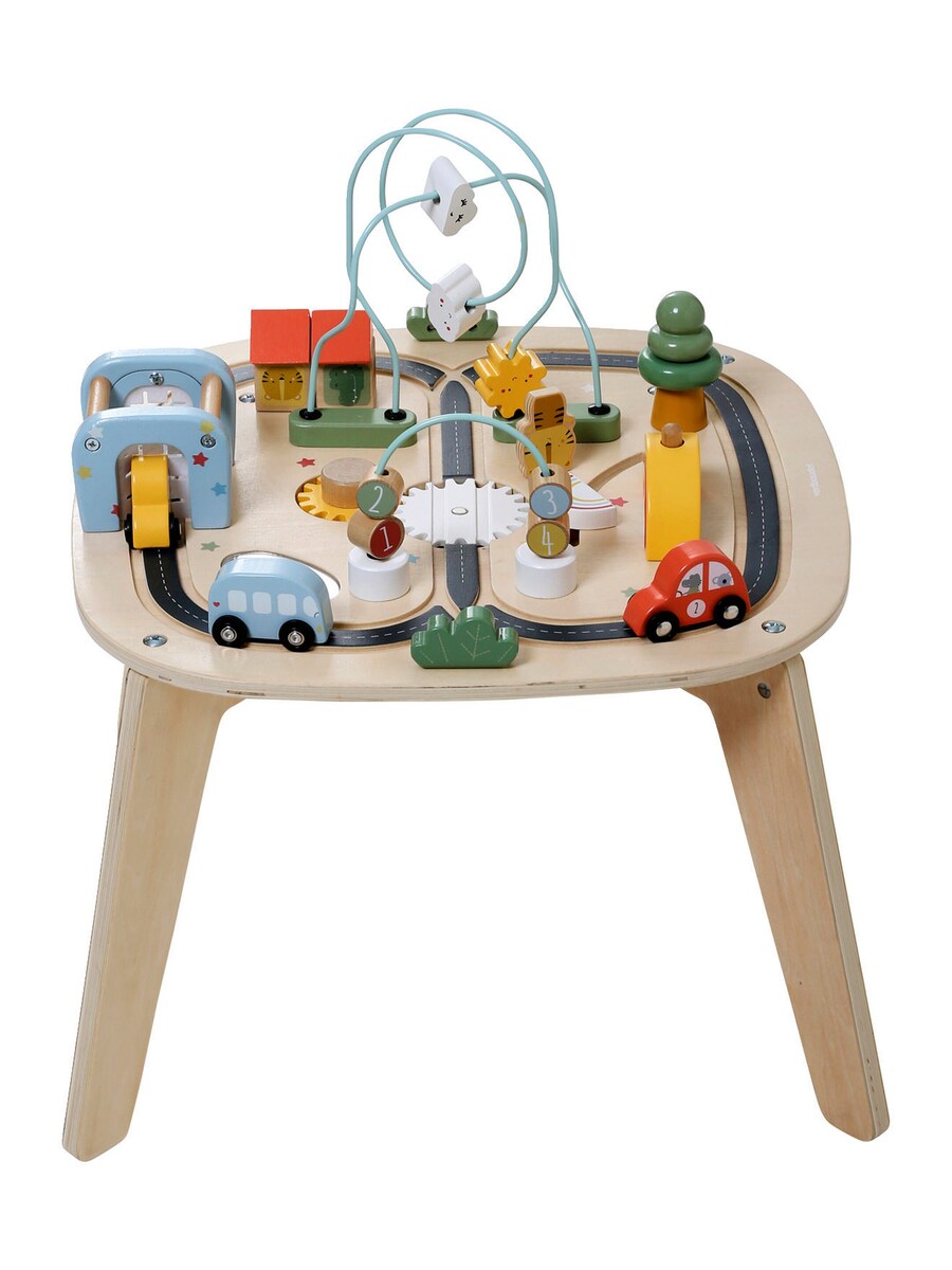 Montert aktivitetsbord for baby med biler i tre FSC® med leker