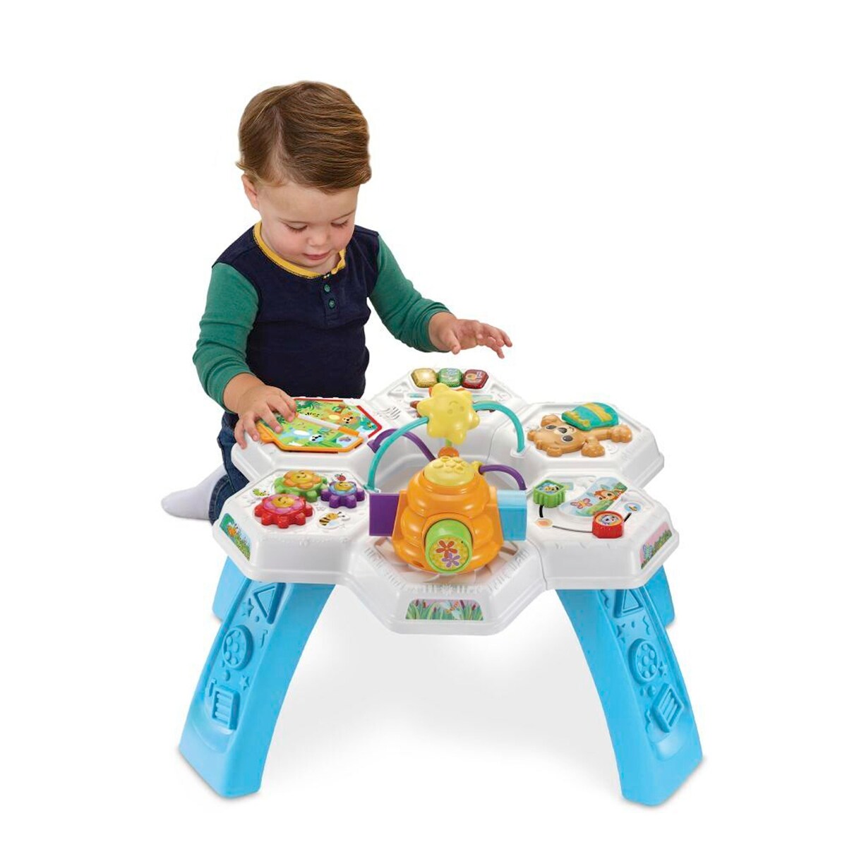 Bakside av aktivitetsbord for baby med lys, lyd og formsortering