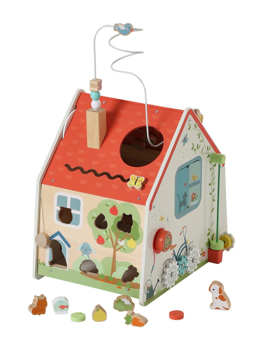 Bakside av Aktivitetshus i tre FSC® 61x42x36 cm med sklie og dør
