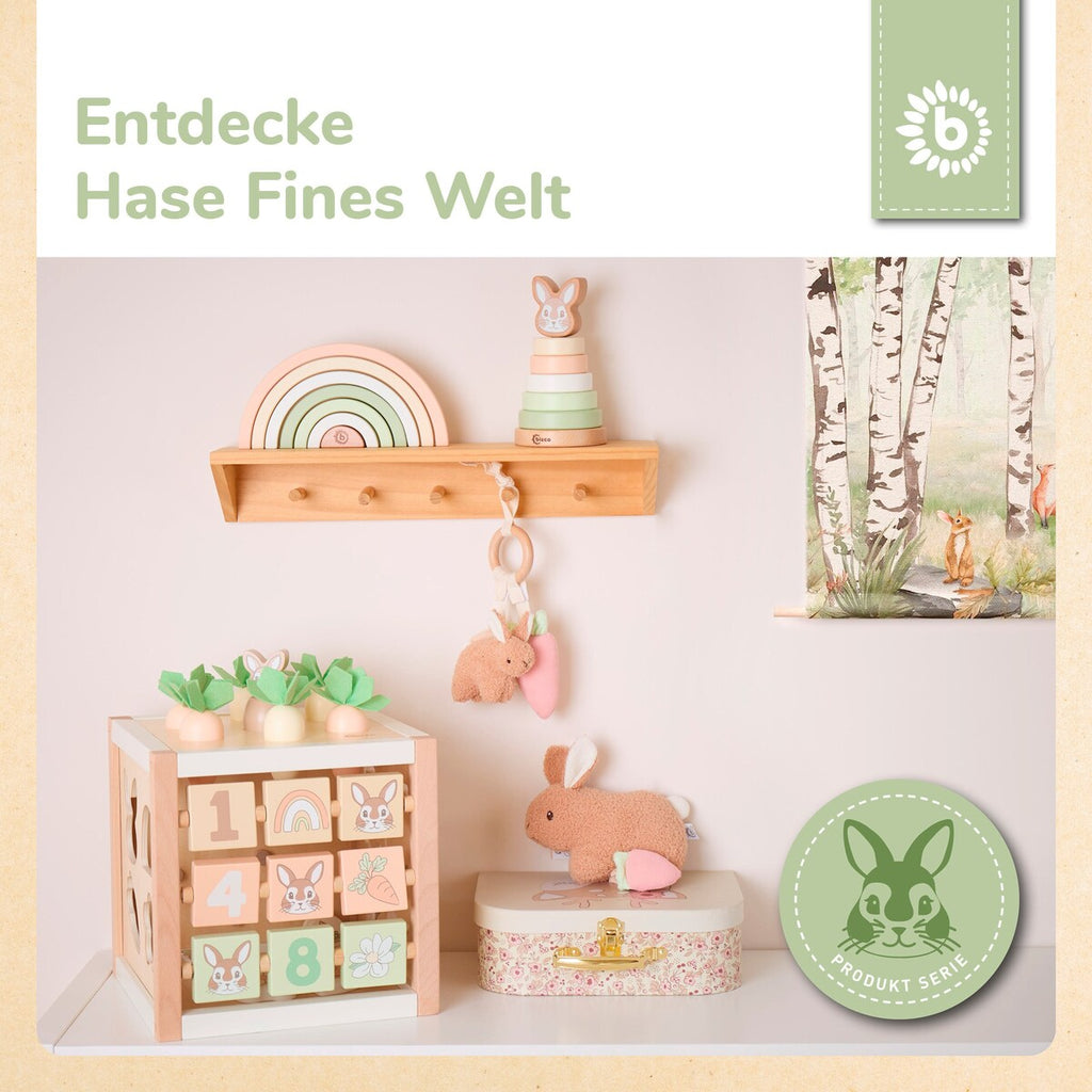 Fargerike illustrasjoner på Aktivitetskube Hase Fine XXL i tre, FSC