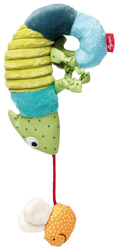 Aktivitetsleke kameleon med rangle til babystol forfra