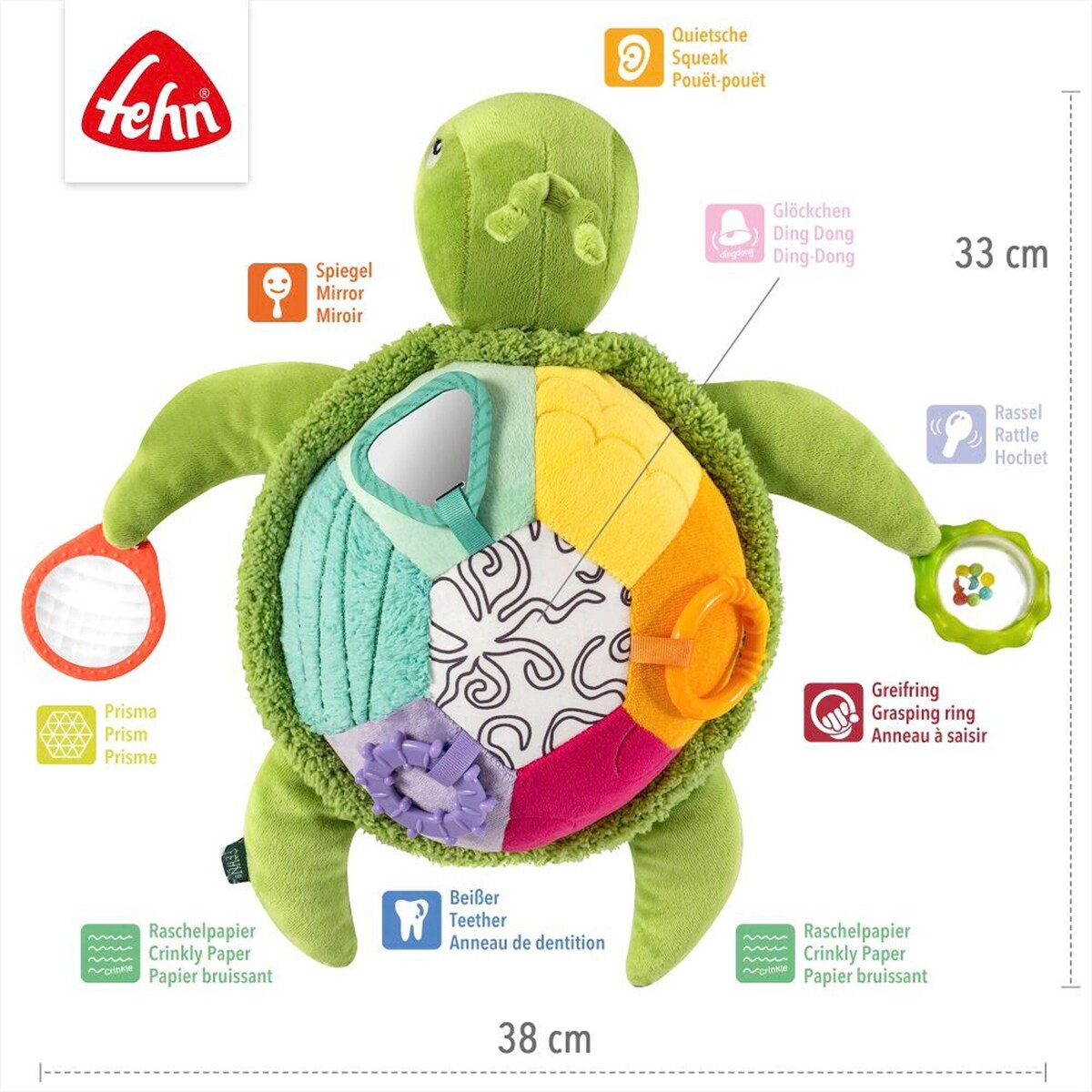 Aktivitetsleke skilpadde XL 38 cm montert med lekeelementer