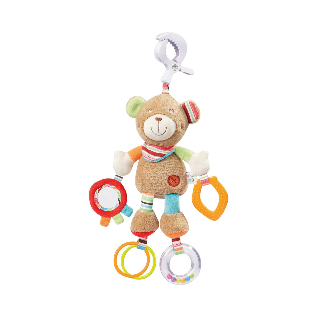Aktivitetsleke Teddy Oskar med klemme og bjelle forfra