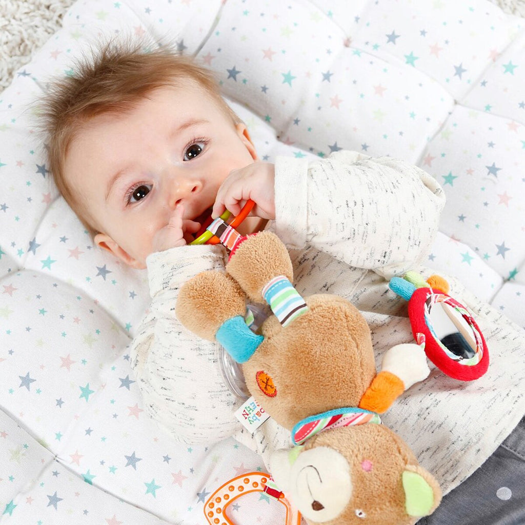Montert Aktivitetsleke Teddy Oskar med klemme og bjelle på babyskall