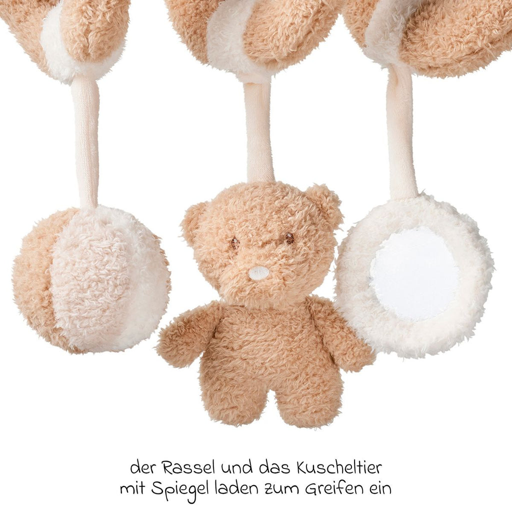 Baksiden av aktivitetsspiral bjørn Teddy med rangle og speil