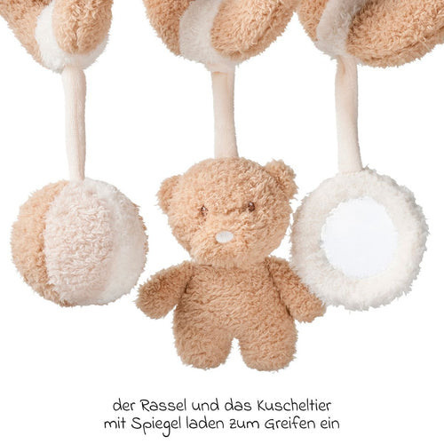 Baksiden av aktivitetsspiral bjørn Teddy med rangle og speil