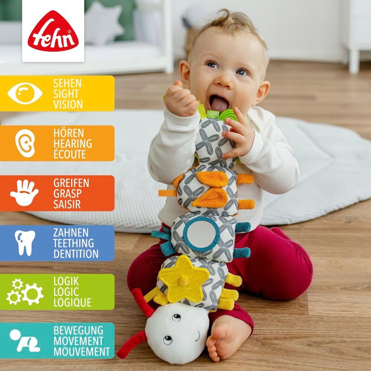 Aktivitetsspiral larve med biteledd og rangle 39 cm bakside