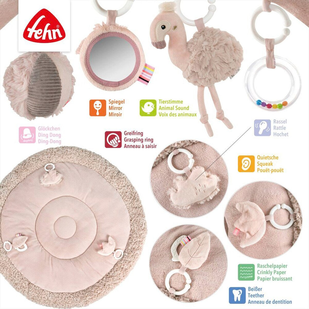 Nærbilde av 3D-aktivitetsmatte Flamingo materialer