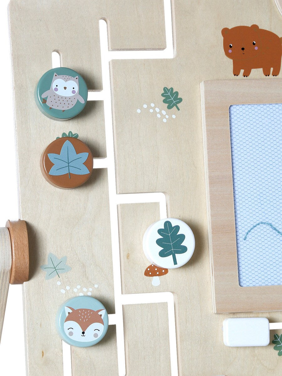 Montert aktivitetstavle for baby i tre FSC® med bevegelige tannhjul