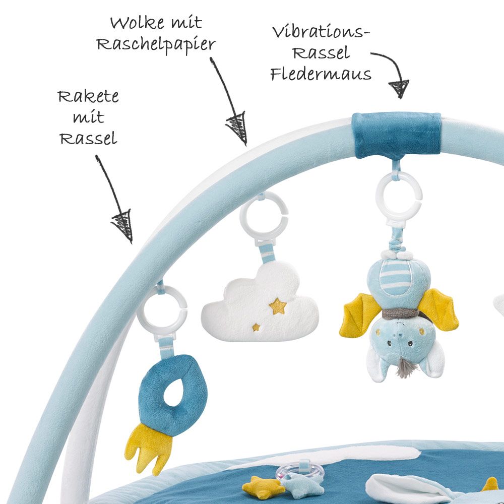Detalj av aktivitetsleker på Aktivitetsteppe 3D med lekebue Little Castle - Fehn