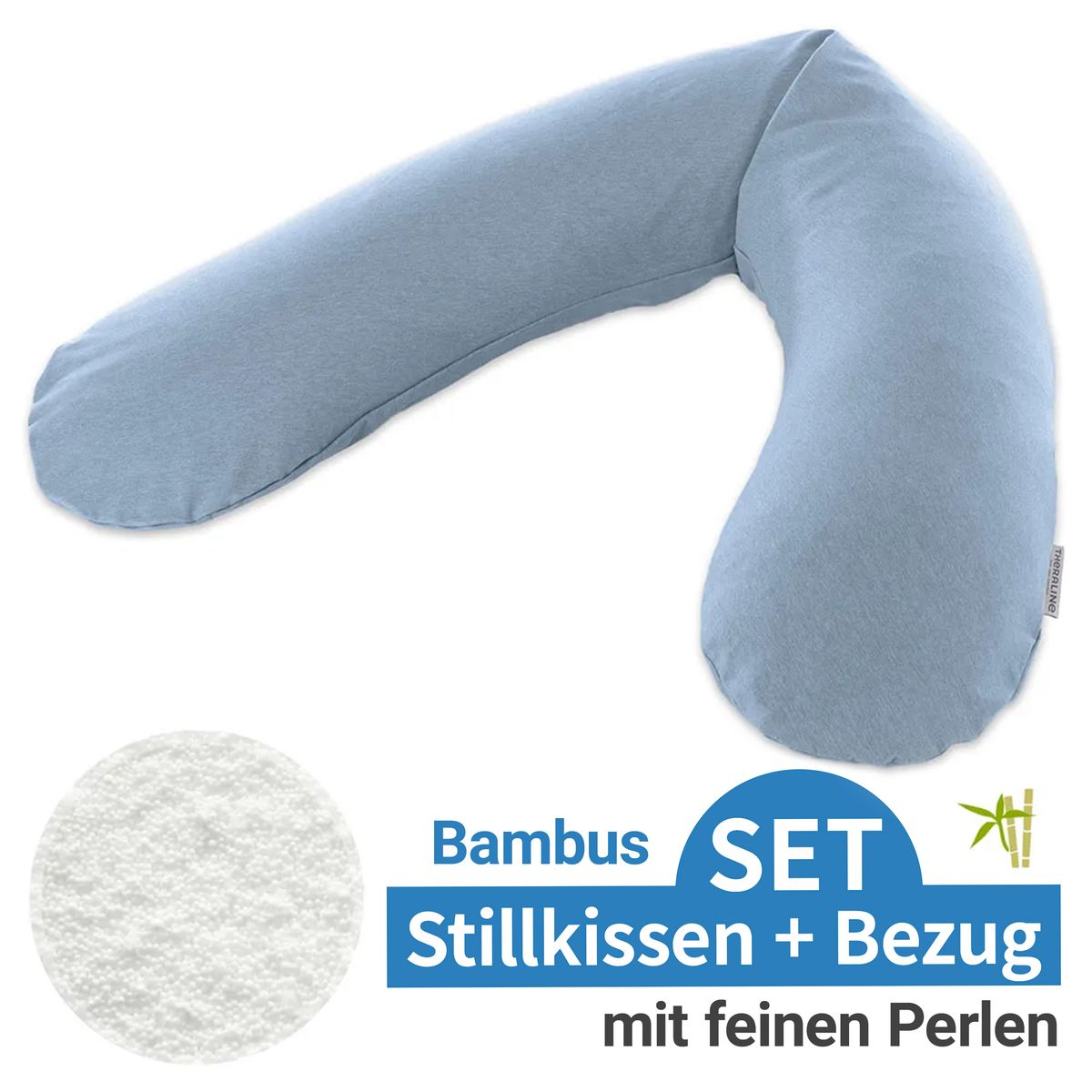 Ammepute med perlefyll og bambustrekk 190 cm, blågrå - Theraline fra forfra
