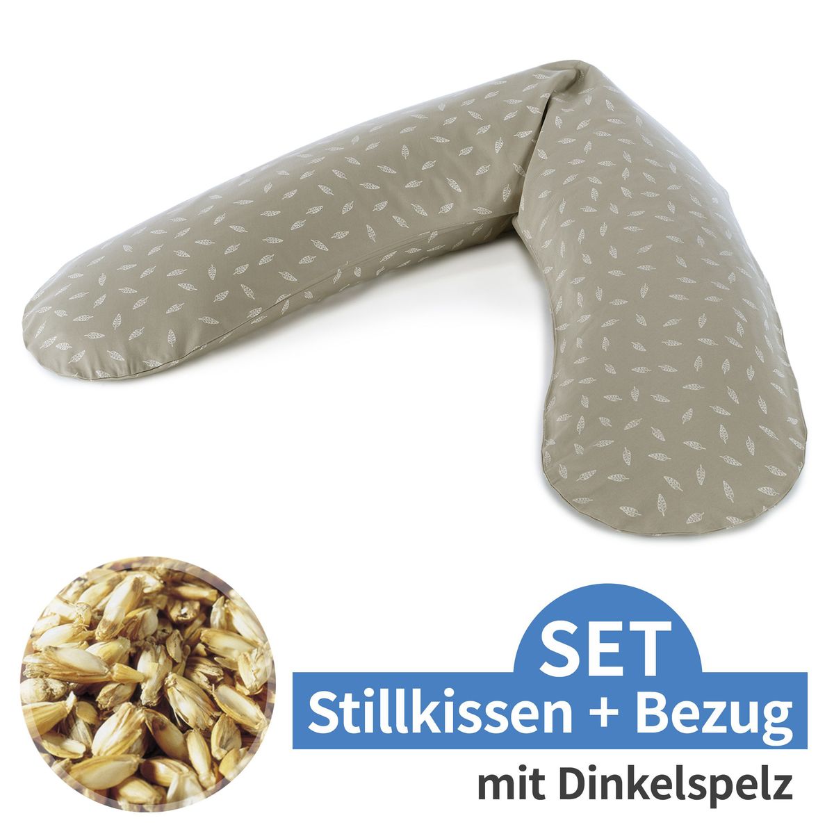 Ammepute med speltskallfyll og trekk 190x40x15 cm taupe - Theraline forfra